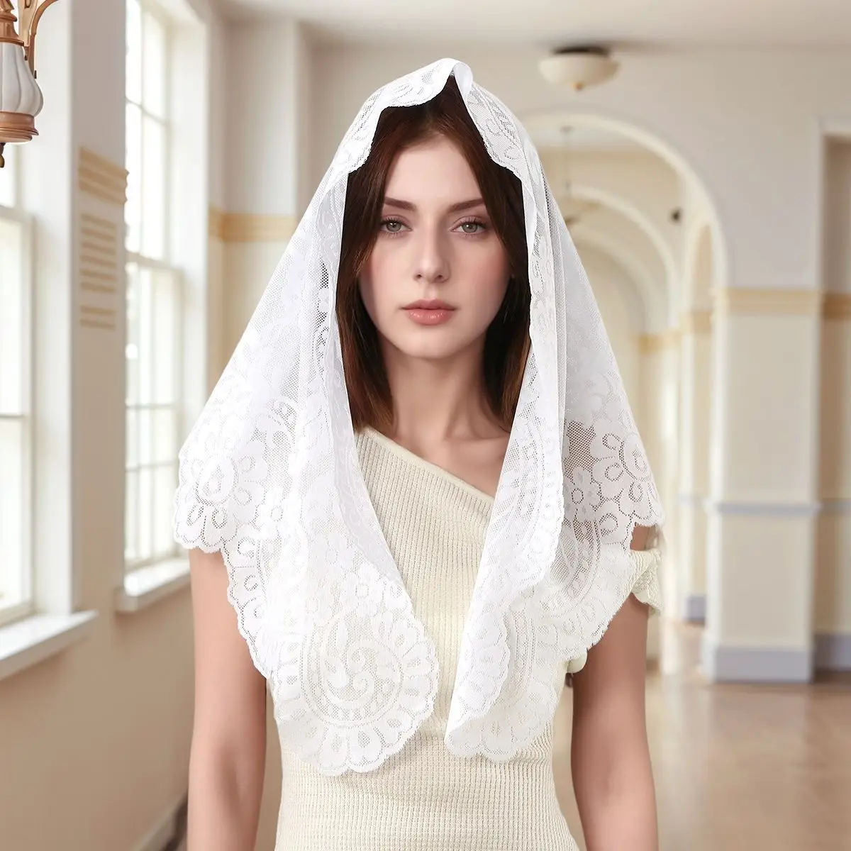 غطاء رأس دانتيل عبادة نسائي مقاس 172*63 سم - دانتيل زهور أنيق، مادة مسامية، مناسب متواضع لكنيسة الصلاة والاستخدام اليومي