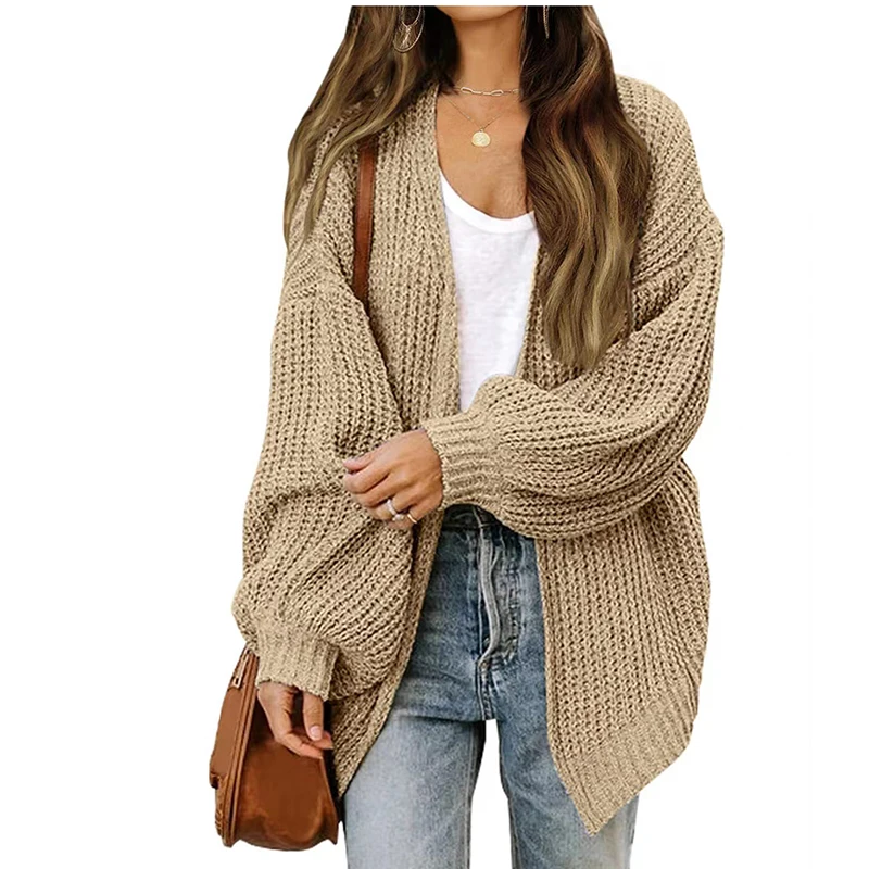 ABRINI Women Loose Casual Sweater Coat Lantern Sleeve Warm Jacket Solid Cardigan Coat Knit Autumn Winter Solid Chic Outerwear