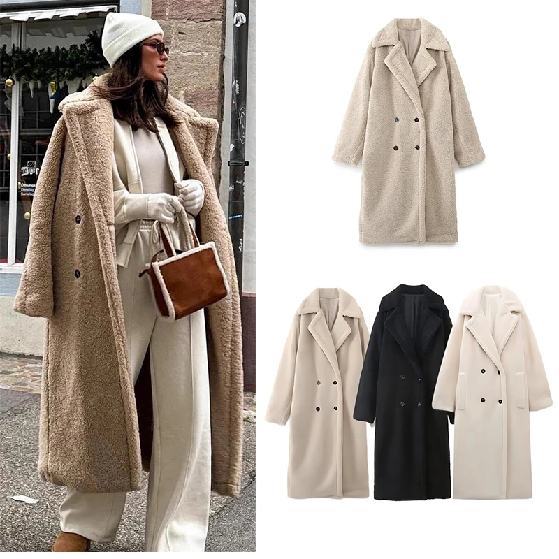 Guobioziy 2026 Women's Winter Long Coat with Turn-Down Collar Elegant Style Loose Fit Double-Breasted Design Warm Casual