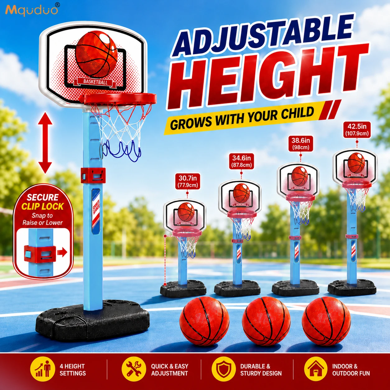 MQUDUO Indoor Outdoor Basketball Hoop with 3 Balls, Adjustable Height and Water Sand Fillable Base, Christmas Gift