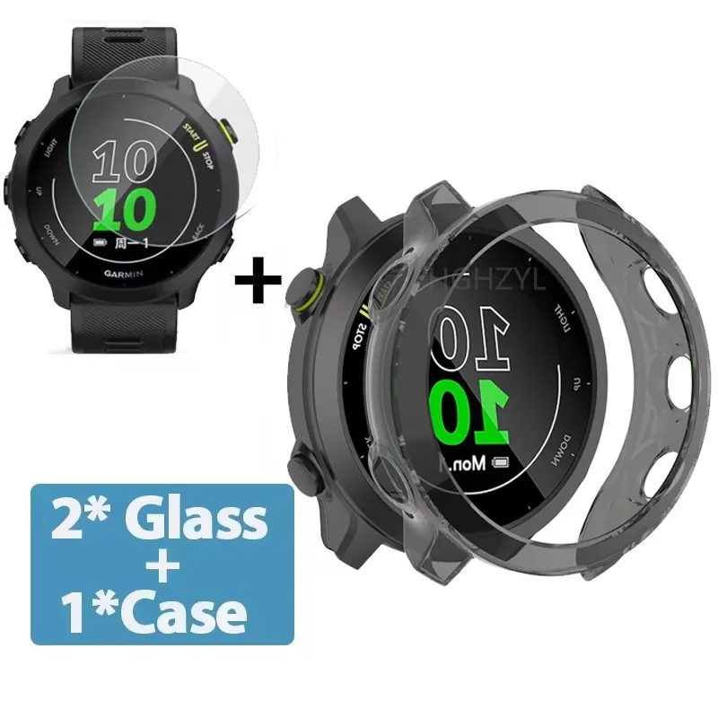 Funda protectora 2 en 1 + Protector de pantalla para Garmin Forerunner 55 158 cubierta protectora de TPU suave película de vidrio templado