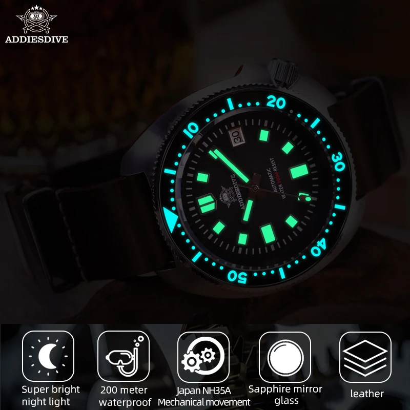 ساعات Addiesdive للرجال من الكريستال الياقوت المقاوم للصدأ NH35 ساعة يد ميكانيكية مضيئة 200 متر مقاومة للماء ساعة ويلارد MY-H8