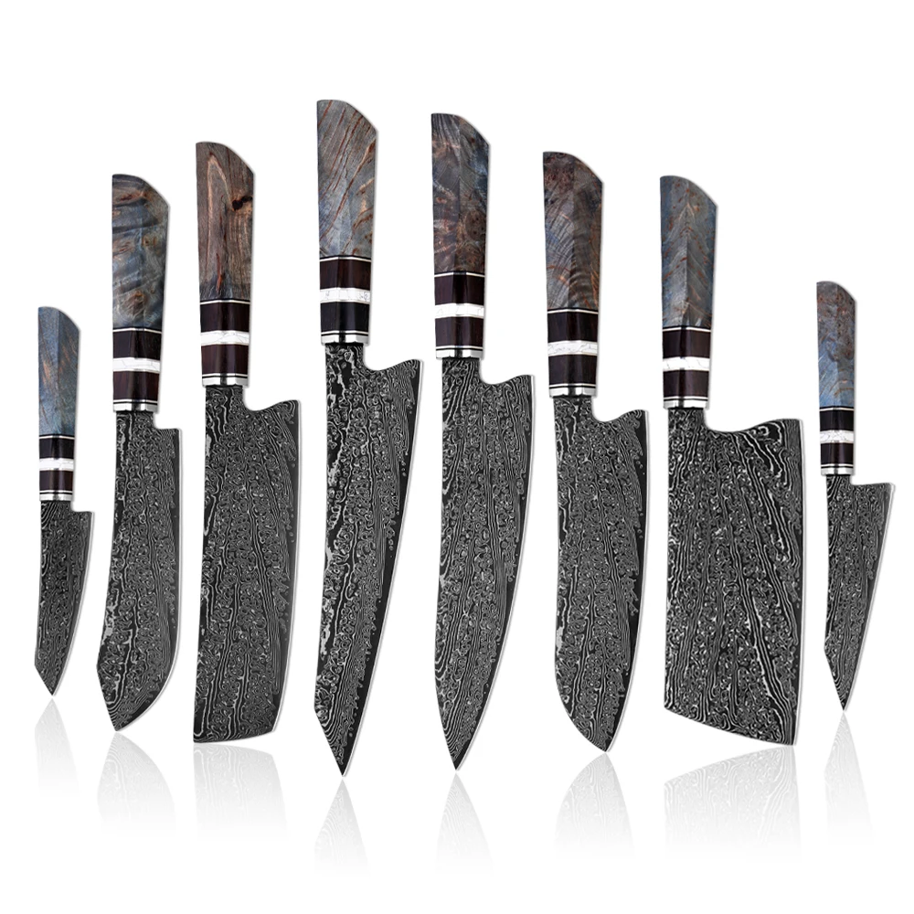 

Роскошный набор дамасских ножей, 1-8 шт., профессиональные кухонные ножи с ручным узором из стали со стабильными деревянными ручками, подарок
