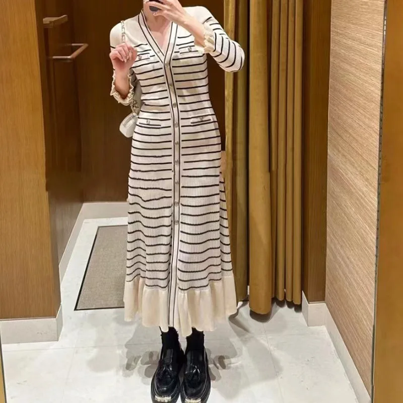 

Women Dress Brand Fashion long sleeve Stripes Knit ruffles Long Dress Elegant French Romantic Slim Waist Party Vestidos