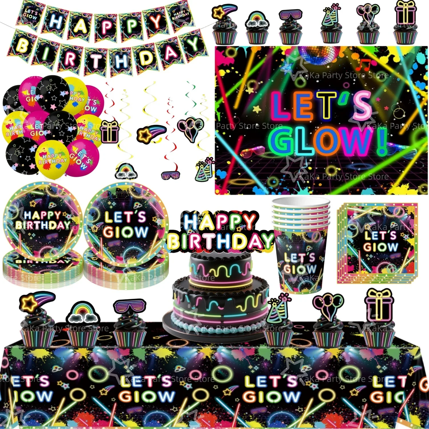 Neon Glow Birthday Party Supplies Tableware Tablecloth Cup Plate Napkin Backdrop Neon Glow In the Dark Party Favors Decorations