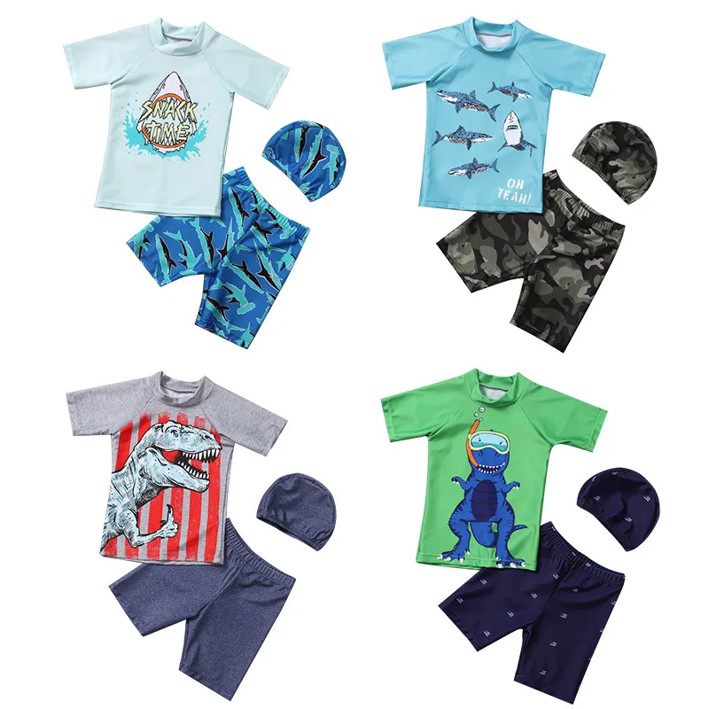 New Boys Swimsuit Cartoon Print Children\'s Swimwear Boys UPF50 Short Sleeve Toddler Boy Swimming Wear 3 pcs Bathing Suit Child