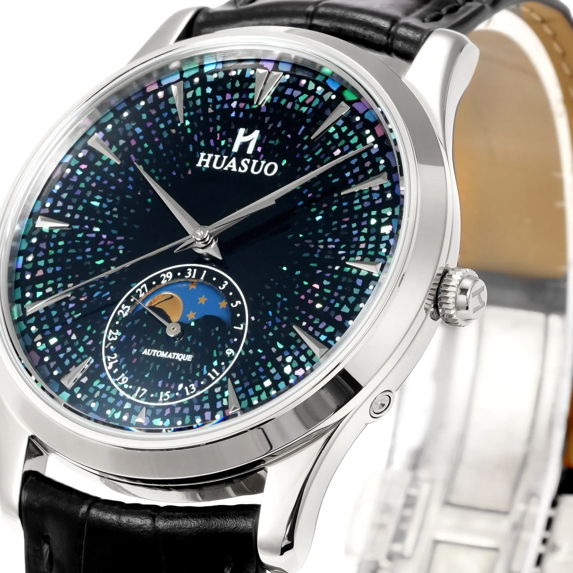 Huasuo High-end Men's Large Lacquer Luodian Dial Watch Automatic Mechanical Moon Phase Business Casual Classic Waterproof