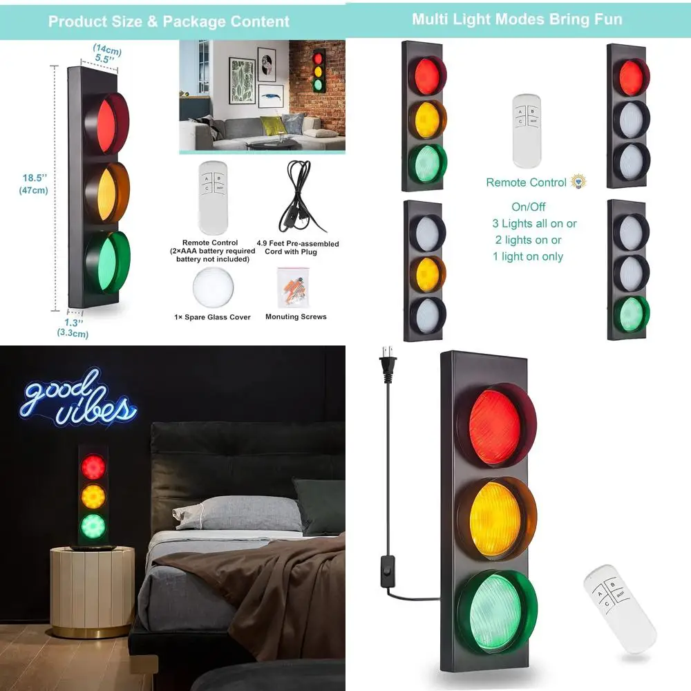 

Vintage LED Traffic Light Wall Sconce - 18.5 Retro Stop Light for Kids' Bedroom, Office, Bar, and Garage Decor