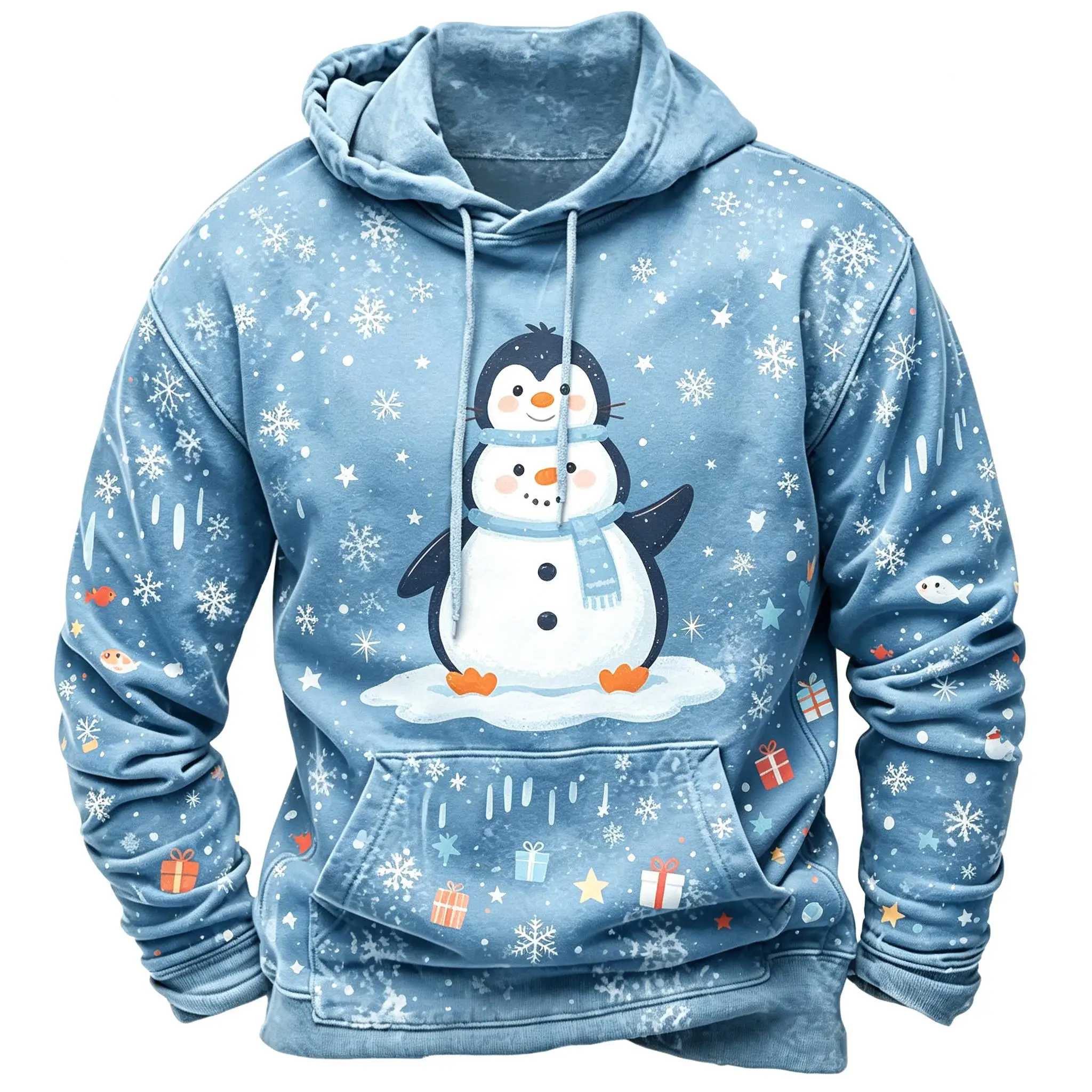 2026 Men Thin Sweatshirt Autumn Winter Hoodie Xmas Penguin Santa Hat Graphic Print Long Sleeve Male Tops Men's Clothes