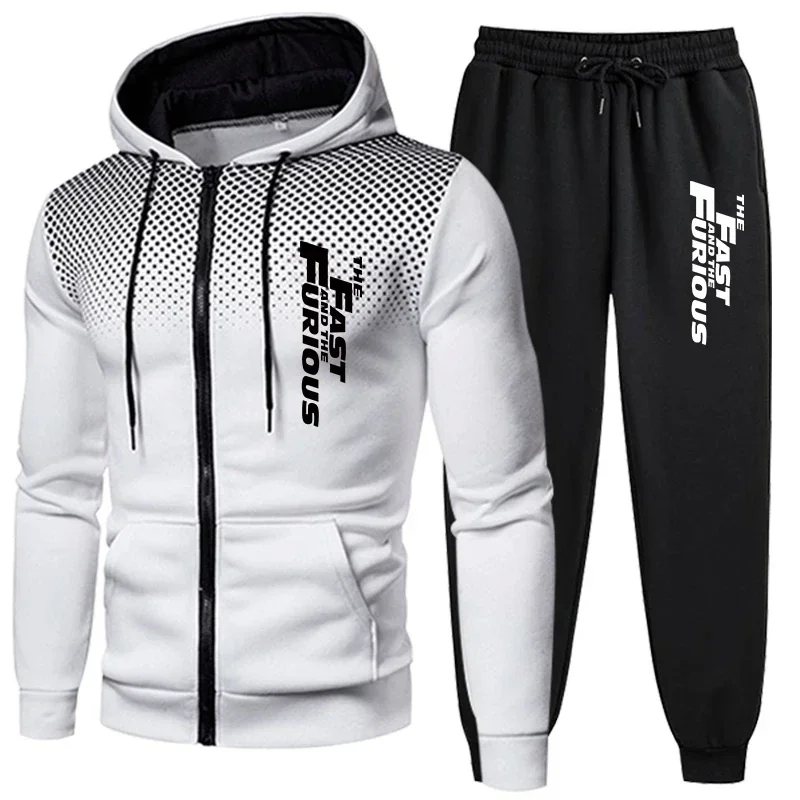 2026 Autumn Winter Men 2 Pieces Gradient Dot Letter Print Tracksuit Zip Up Hoodie Jogger Pants Casual Street Sportswear