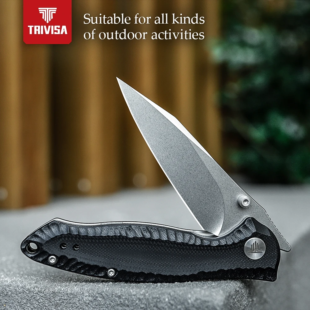 TRIVISA Pocket Knife for Men，Flipper Folding EDC Knives with Clip，3“ Camping 14C28N Stonewash Blade and G10 Hanlde Tools