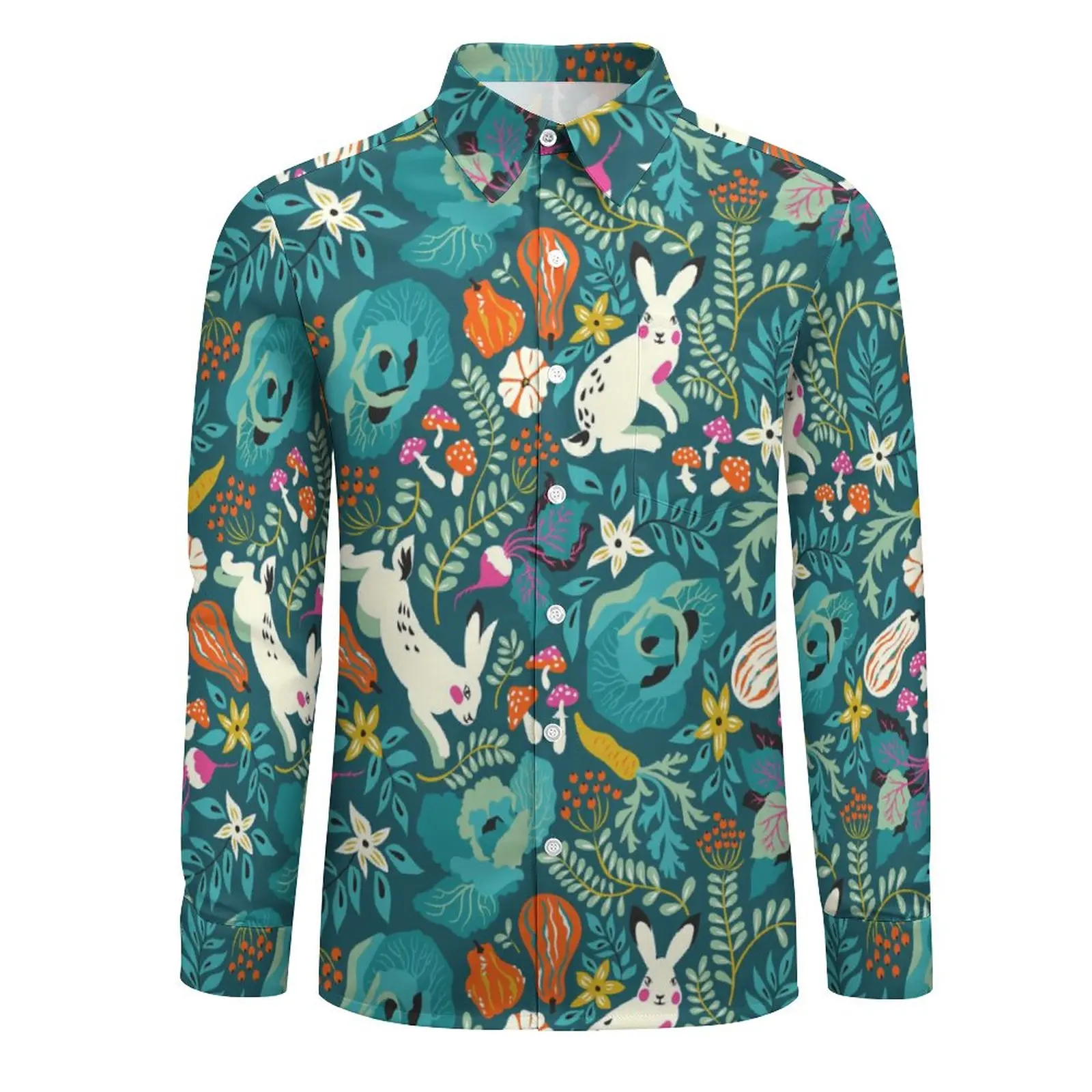 Happy Easter Shirt Men Bunnies Floral Print Casual Shirts Autumn Streetwear Graphic Blouses Long Sleeve Fashion Oversized Tops