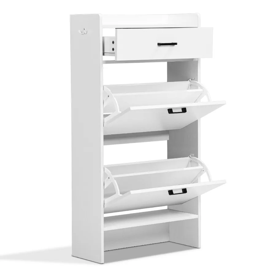 2-tier shoe cabinet with top flip-up lid and drawer, padded shoe changing bench, 1 hook, particleboard, 100*25*117cm, white