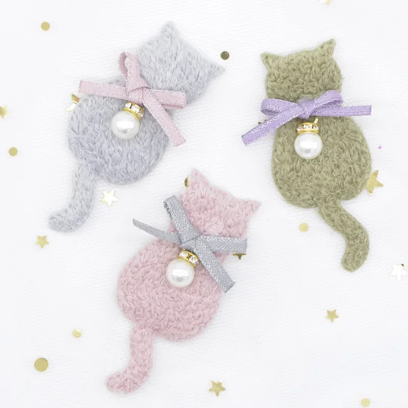 10Pcs Cute Plush Cat Padded with Pearl Pendant for Clothes Patch Fabric Sewing Craft Socks Gloves Shoes Decal Decoration