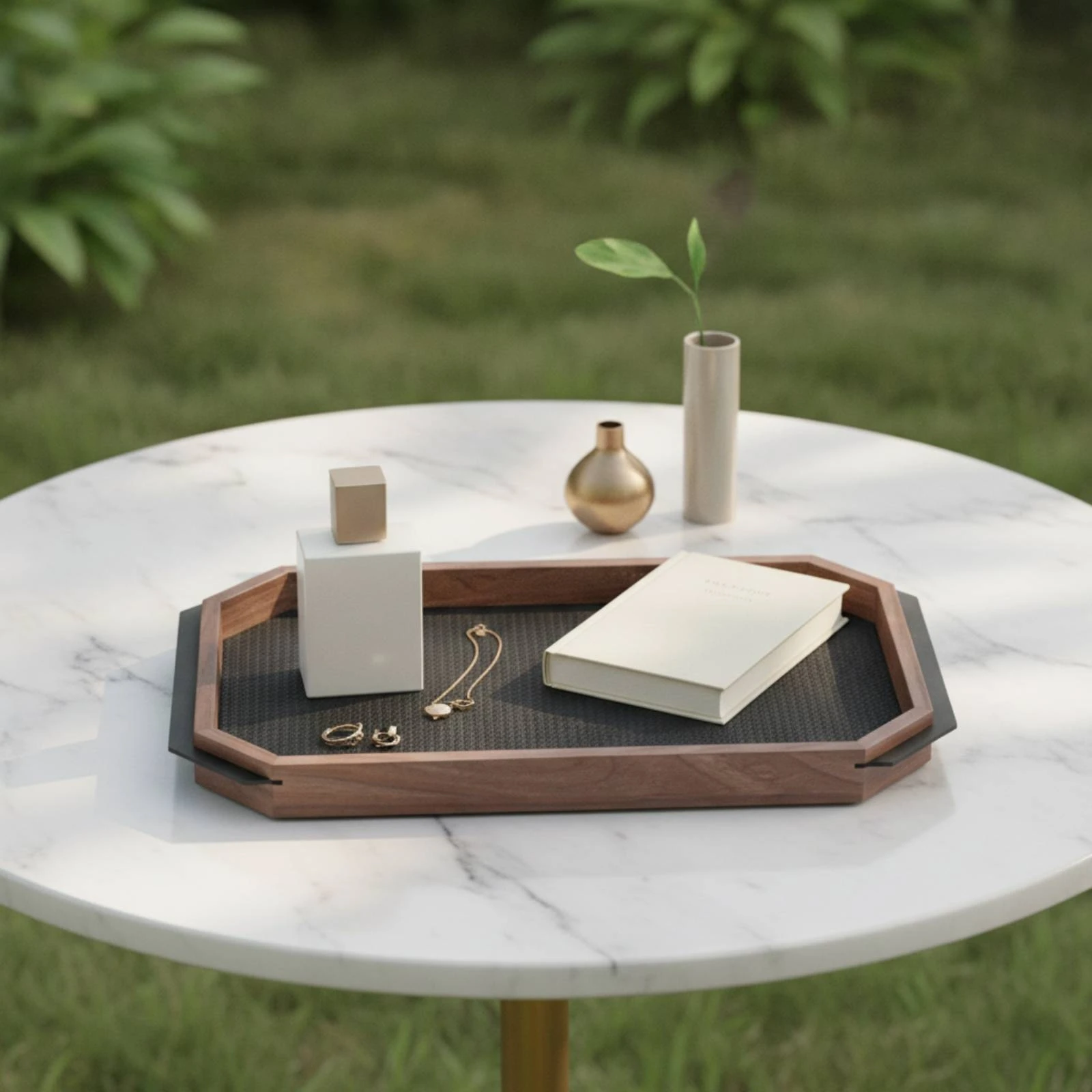 Walnut Tray with Leather Inset Low-Height Octagonal Wooden Tray Decorative Classic for Coffee Table, Entryway