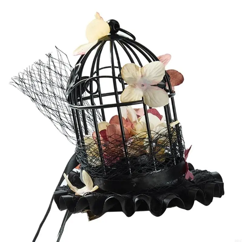 

Miniature Birdcage Hat With Flower Lace Trim Design Gothic Party Wedding Accessory For Women Men Dressingup Props