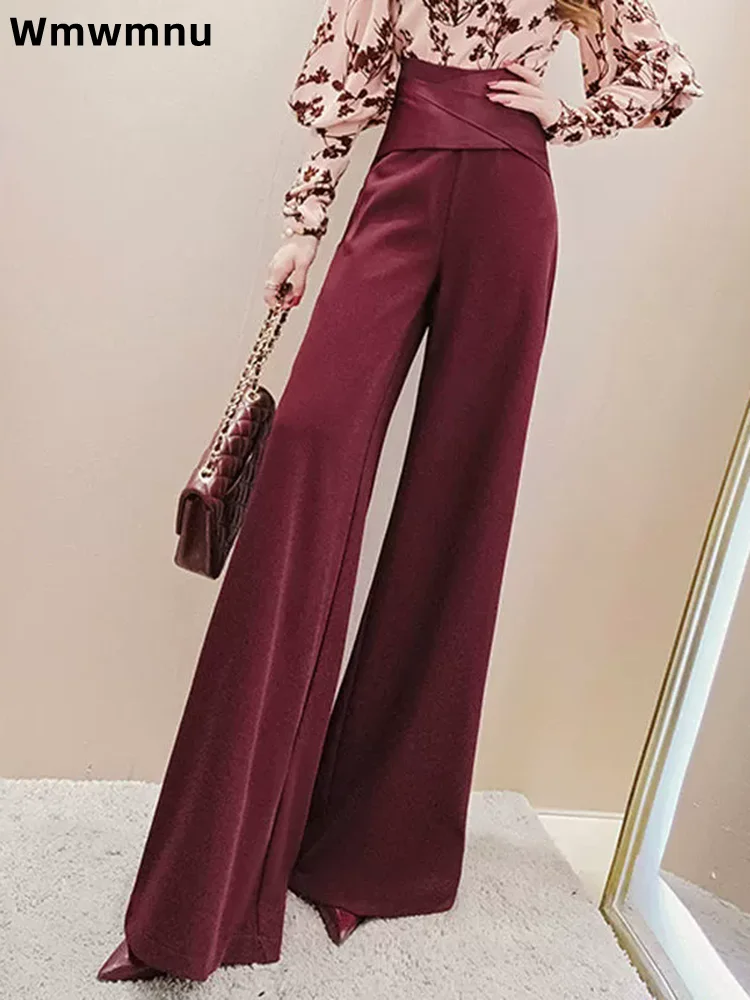 

Широкие брюки с высокой талией, женские повседневные мешковатые модные эластичные брюки, прямые элегантные новые мягкие корейские брюки