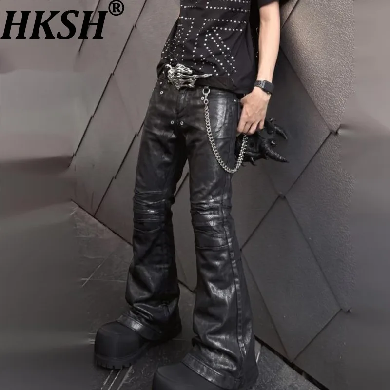 HKSH Spring Autumn Winter New Men Tide Dark Chic Ins Jeans Wax-Coated VIbe Elastic Slim Flared Denim Pants Deconstructed HK28267