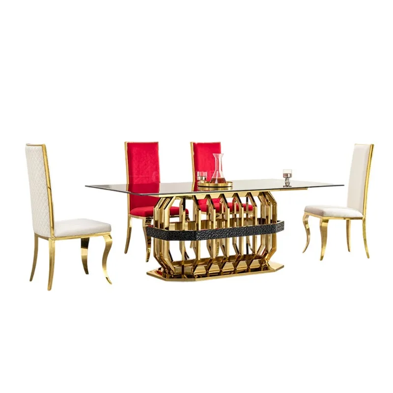 

Light luxury tempered glass dining table rectangular luxury stainless steel dining table and chair set