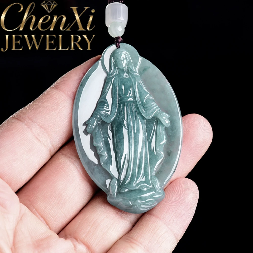Natural A Grade Ice Blue Water Jadeite Virgin Mary Pendant High-End Good Luck Fashion Luxury Quality Popular Fine Jewelry Gift