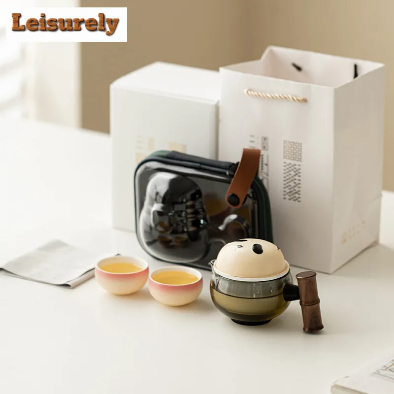 

Panda Bamboo Joint Travel Tea Set Kit Boutique 1 Pot 2 Cups Tea Brewing Organizer Portable Camping Handbag Supplies Decoration