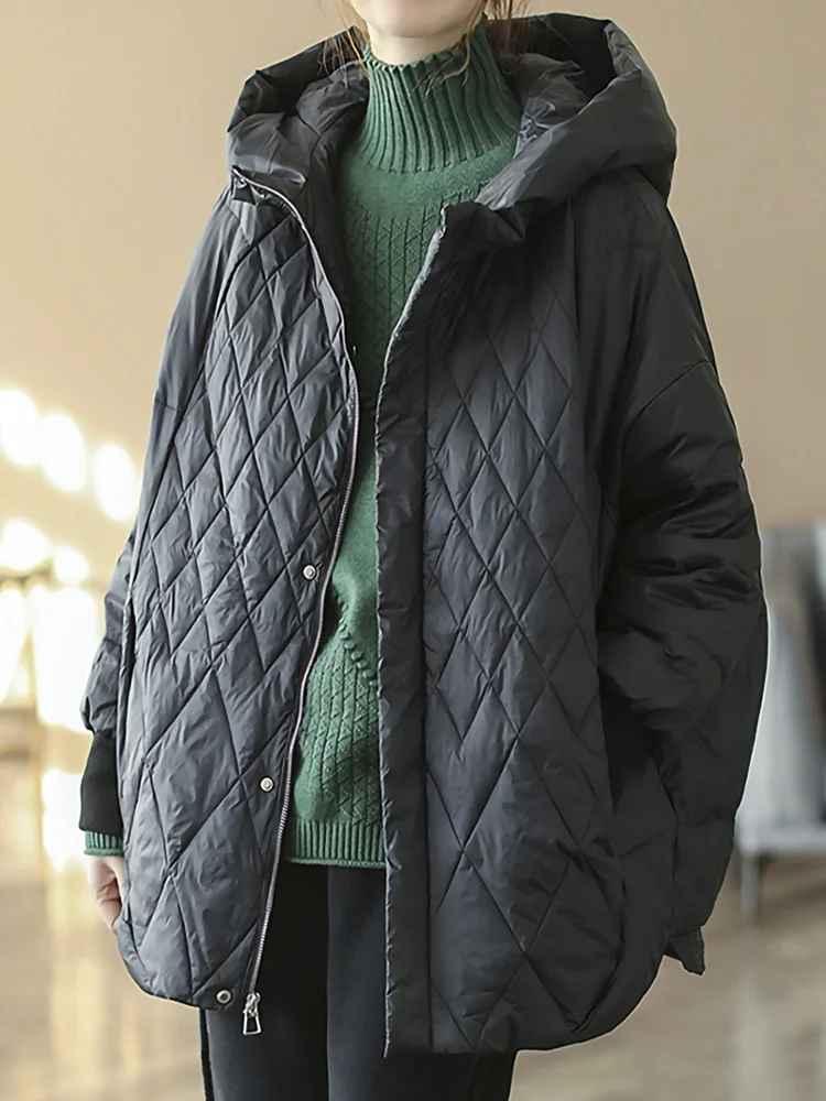 2023 Schinteon Korean Style Women Down Jacket OverSize Argyle Coat Loose Warm Autumn Winter Casual Outwear Top Quality