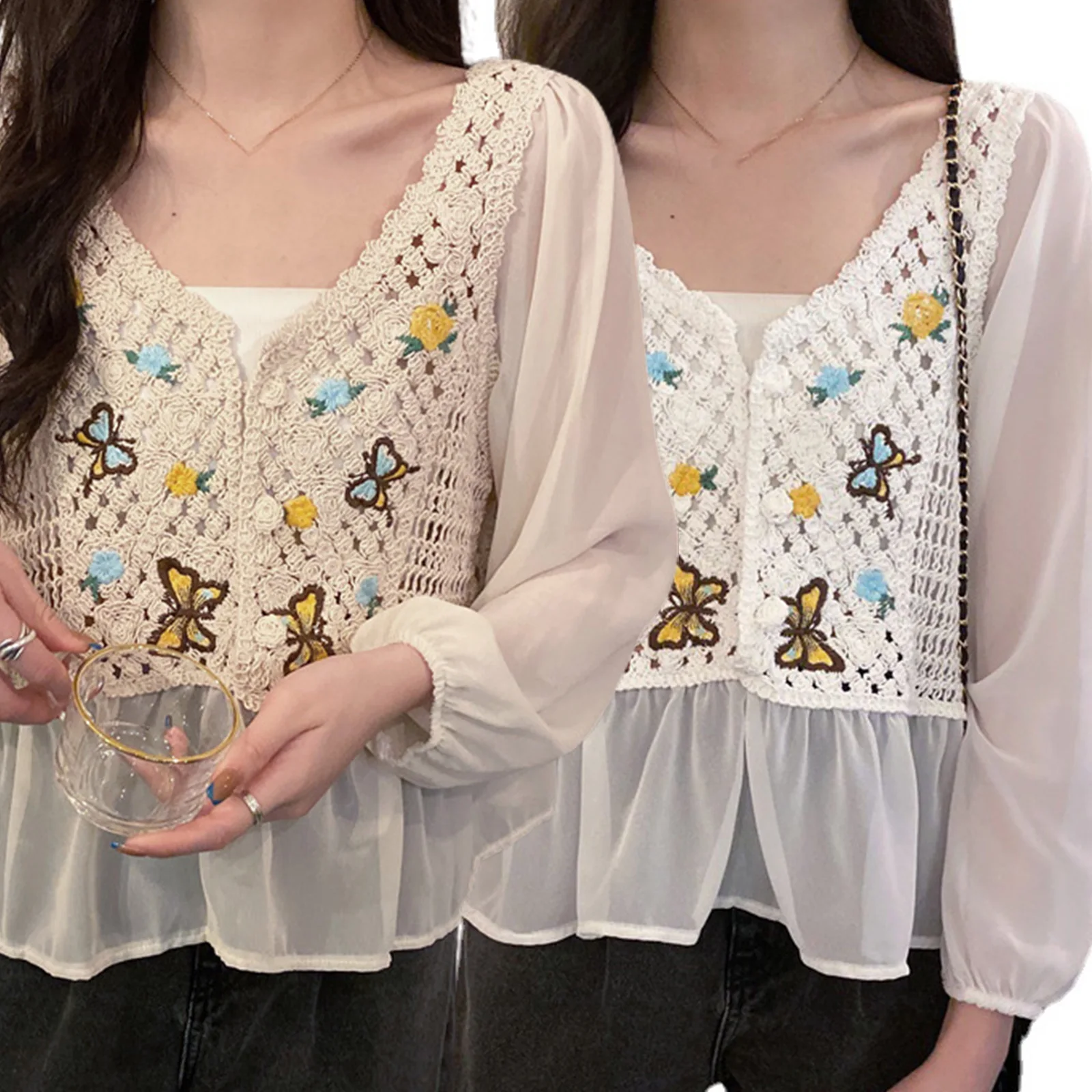 Women Crochet Knit for Butterfly Floral Blouses Long Sleeve Peplum Top V-Neck Button Up Loose Pullover Dropship