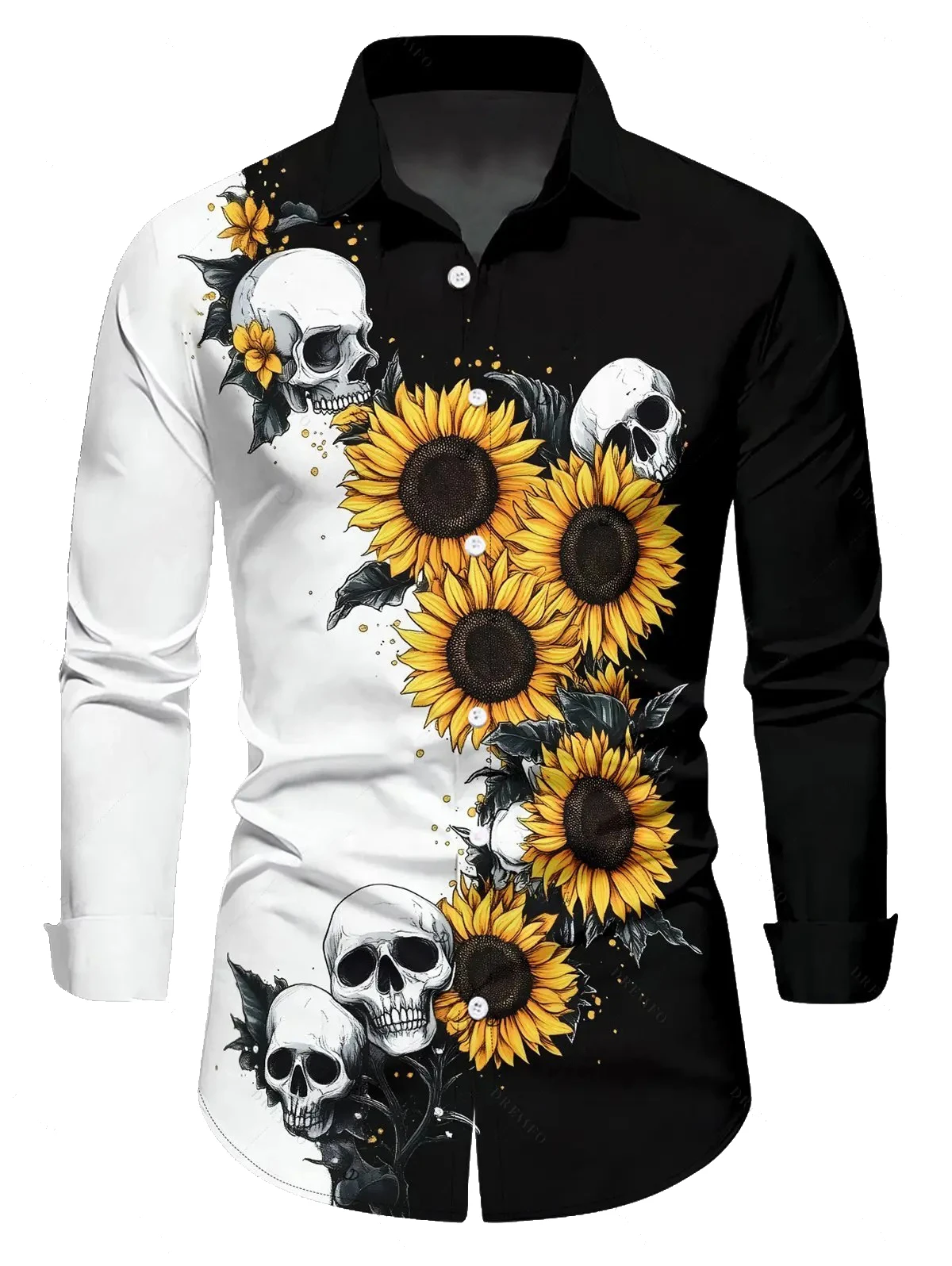 Sunflower Skull Print Men's Shirt Autumn Daily Casual Gothic Style Long Sleeve Tops Loose Breathable Quick Dry Halloween Clothes