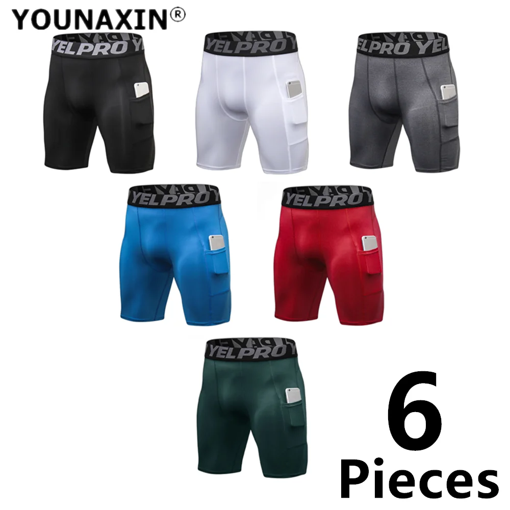 6 Pcs Men's Running Basketball Sports Undies Skinny Shorts With Pockets Outdoor Fitness Gym Training Pants Leggings S M L XL 2XL