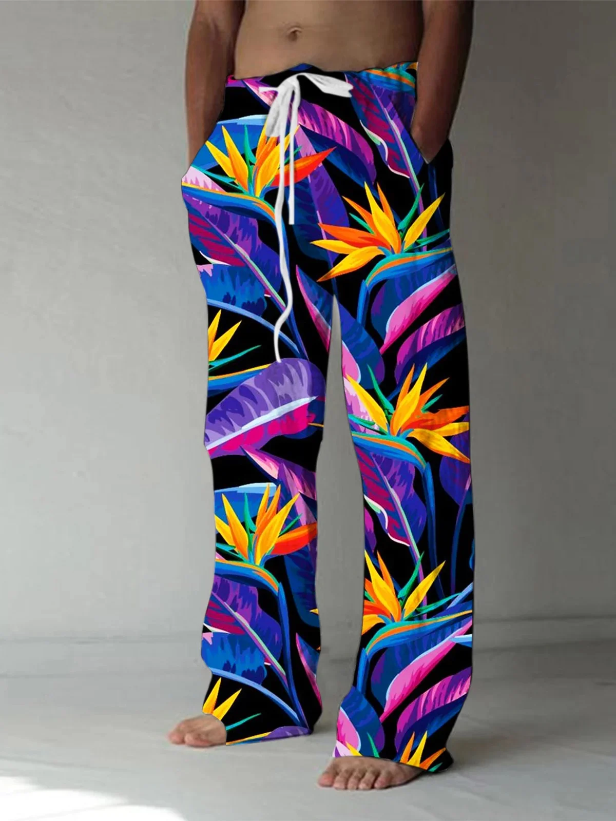 Hawaiian Floral Print Men's Casual Elastic Waist Pants 3D Printed Men Pants