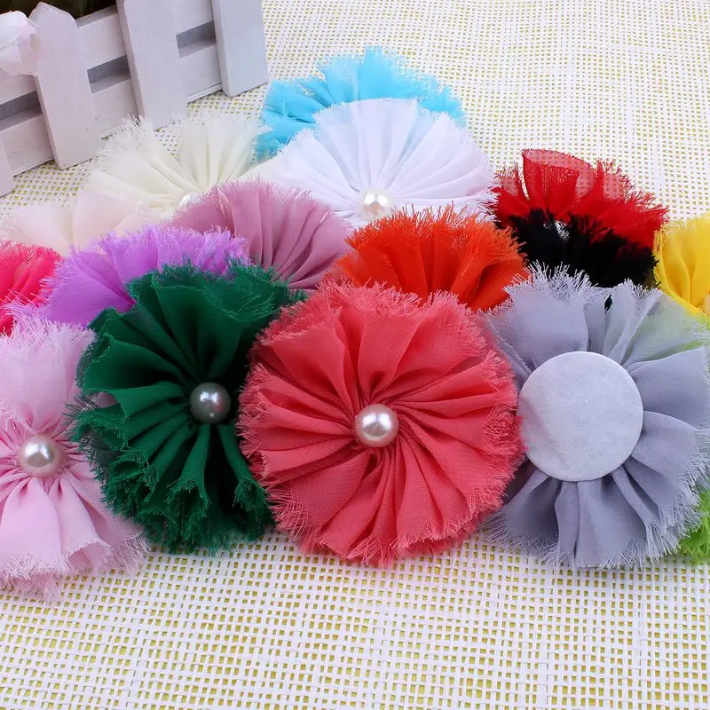 

3" 16colors Chic Shabby Chiffon Flowers With Pearl For Hair Accessories Fluffy Frayed Fabric Flowers For Headbands