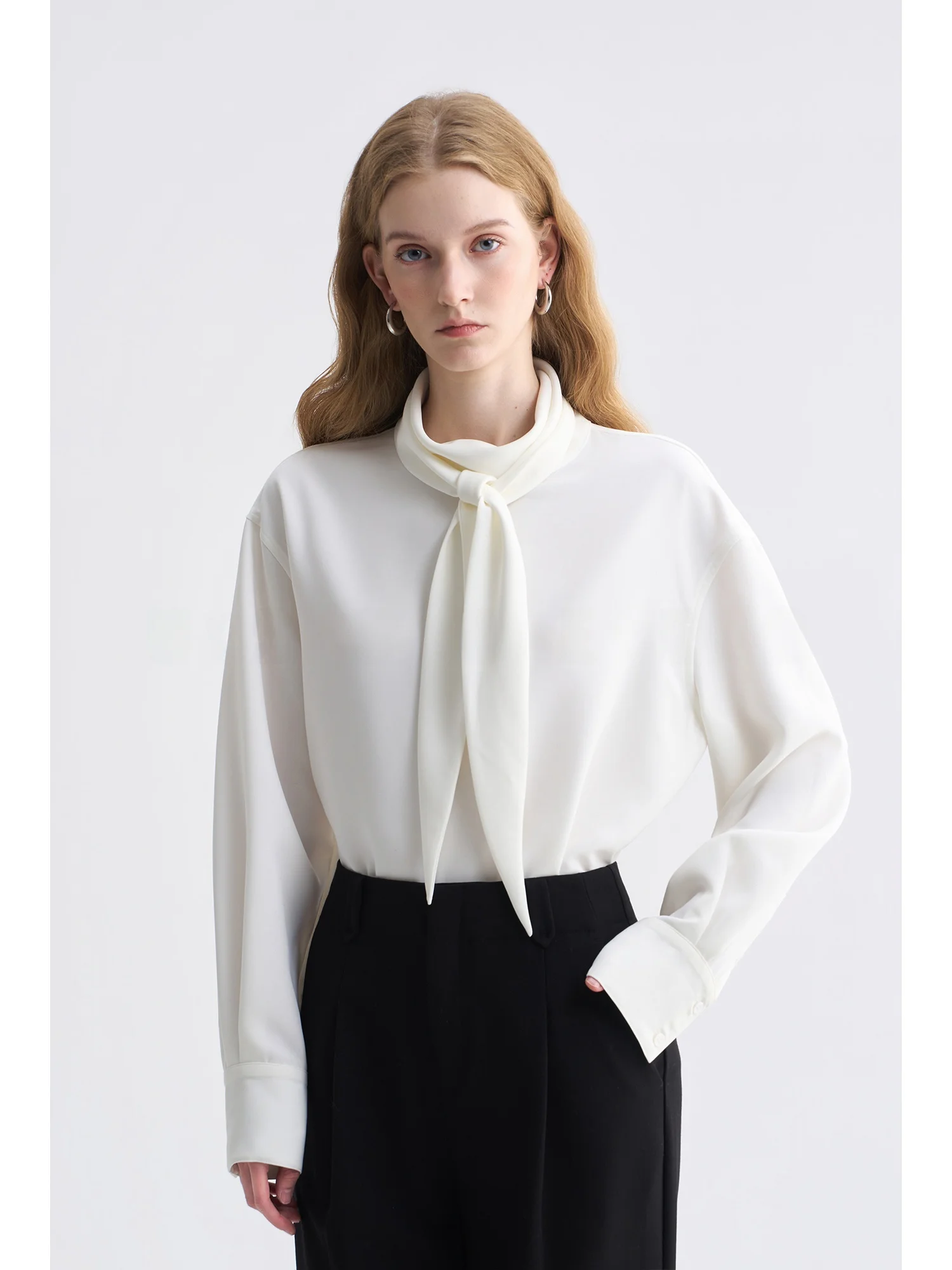 

USEEN mat Sle Women's Long Sve irt with Belt Slimming High Collar Versatile Faionable Polyester Fiber Top