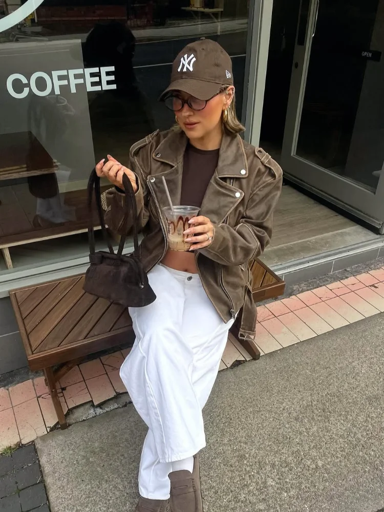 

Fashion Loose Leather Jacket Women Lapel Zipper Long Sleeve Pockets Coat Female 2025 Spring Autumn Vintage High Street Tops