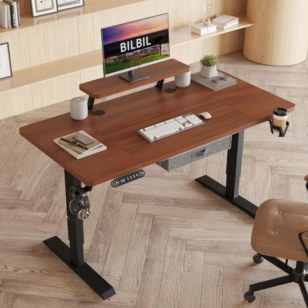 

Electric Standing Desk with Drawer, 55x30 Inches Adjustable Height Sit Stand Up Desk with Storage Shelf