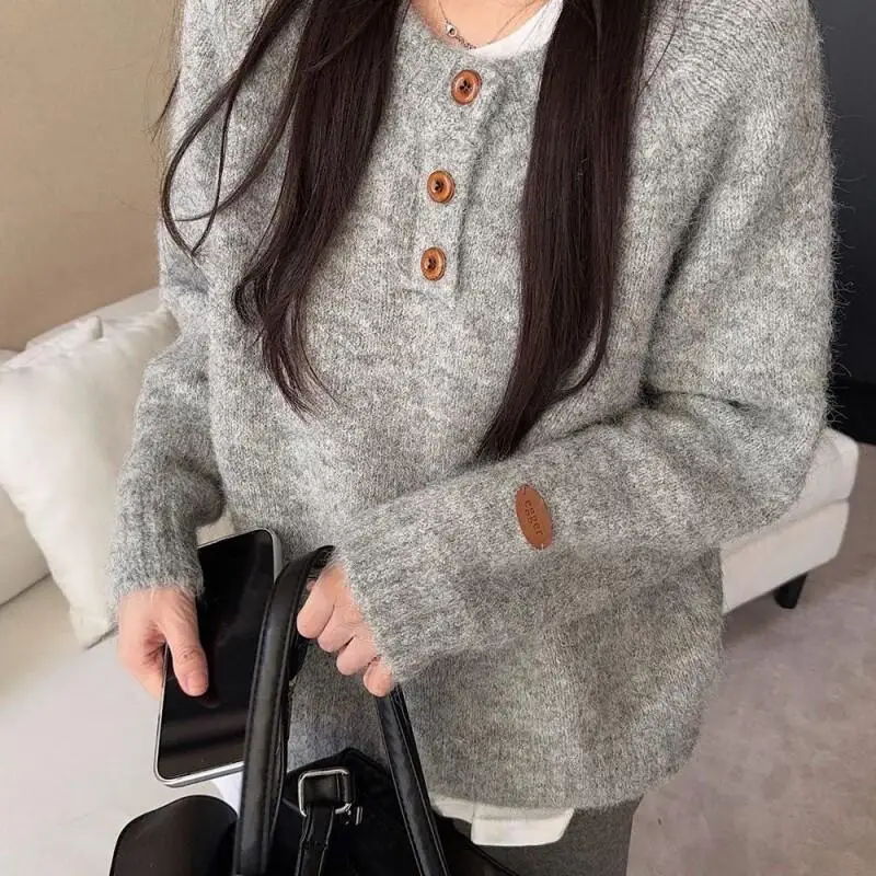 

Модный универсальный мягкий вязаный свитер с длинными рукавами, женский повседневный осенне-зимний топ, милый свитер большого размера, хлопковый вязаный свитер