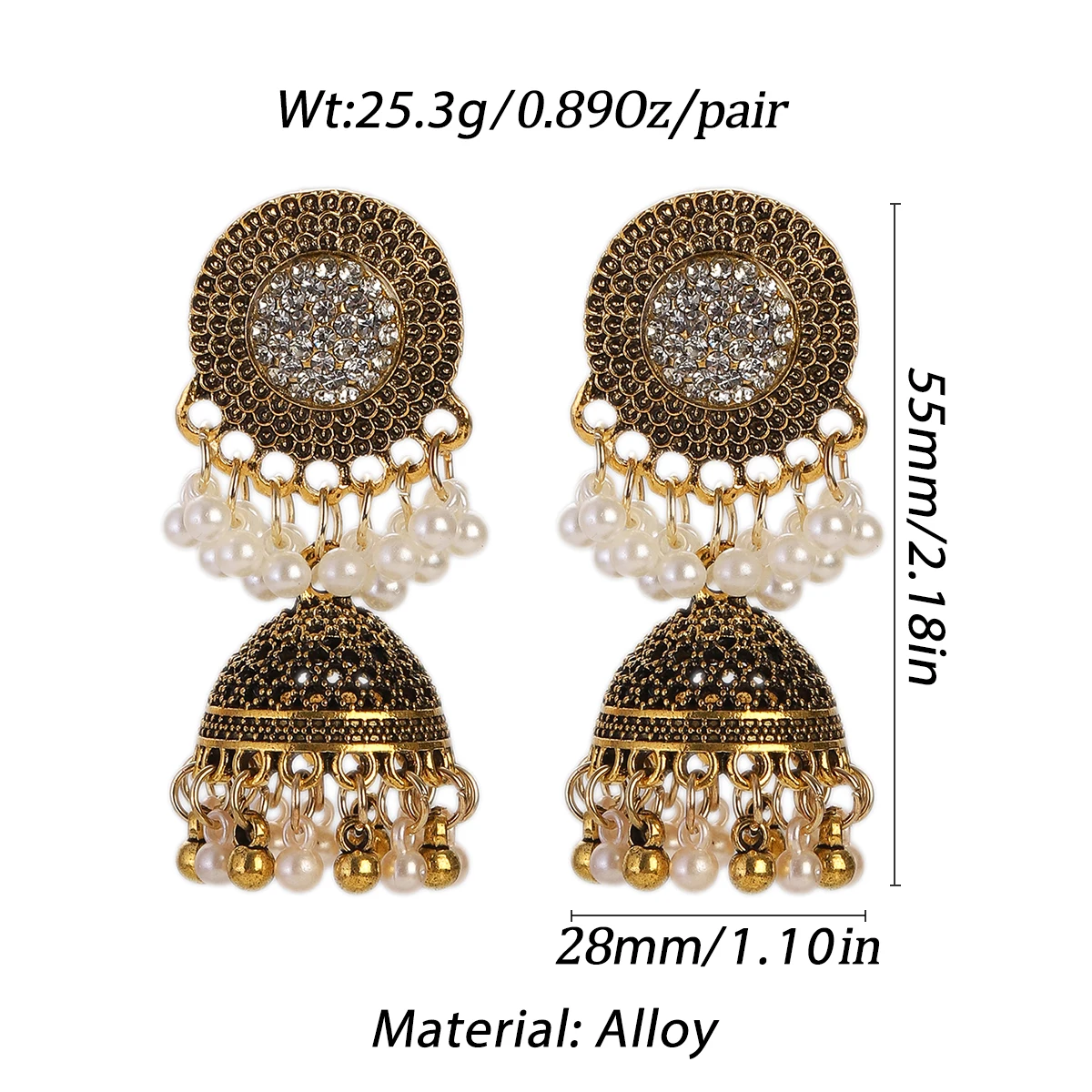 Ethnic Crystal Gold Color Earrings Women\'s Indian Jewelry Fashion Pearl Tassel Round Bell Drop Earrings Wedding Party Gift