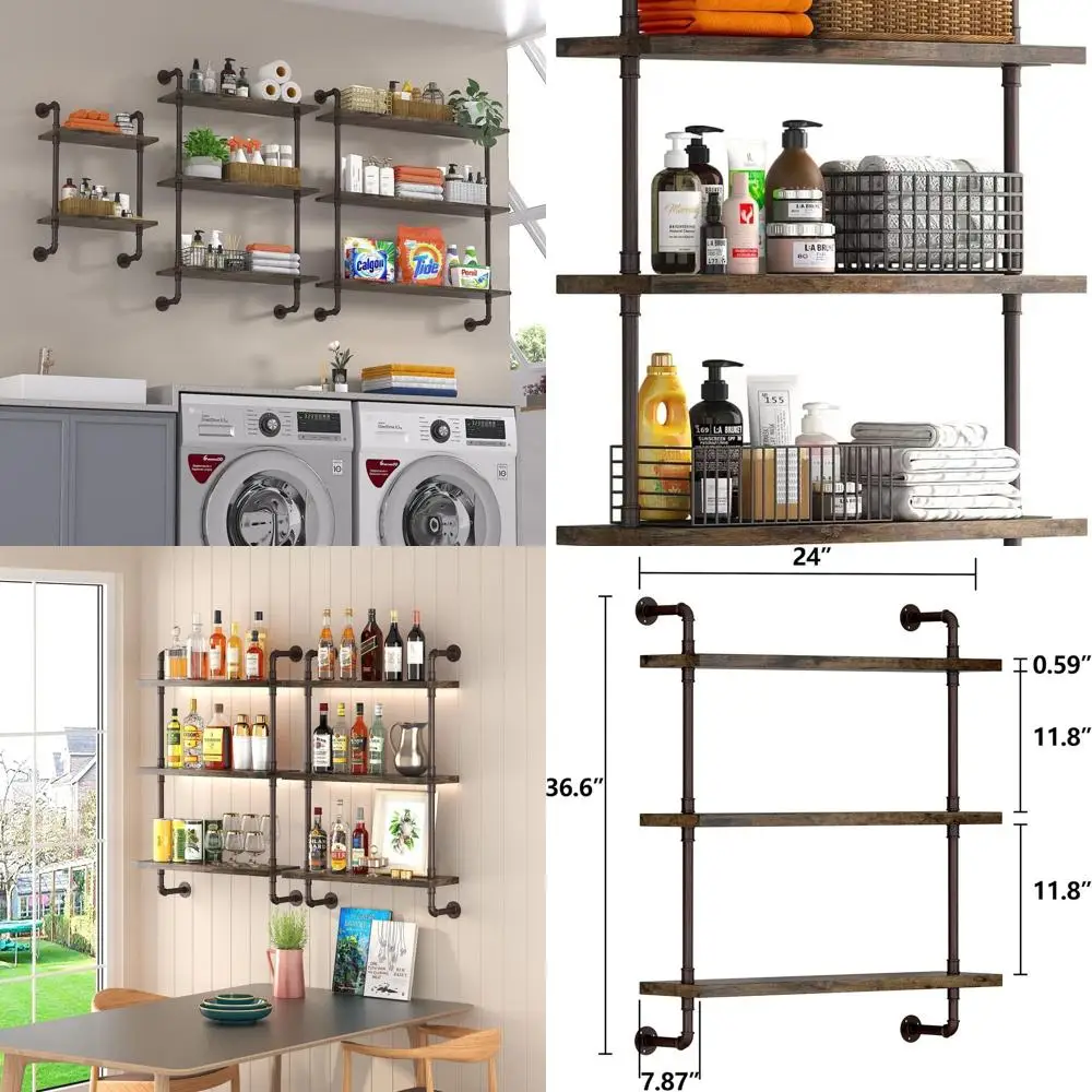 

Rustic 3-Tier Pipe and Wood Floating Shelf - Wall Display Rack for Kitchen, Office, and Home Decor (24)