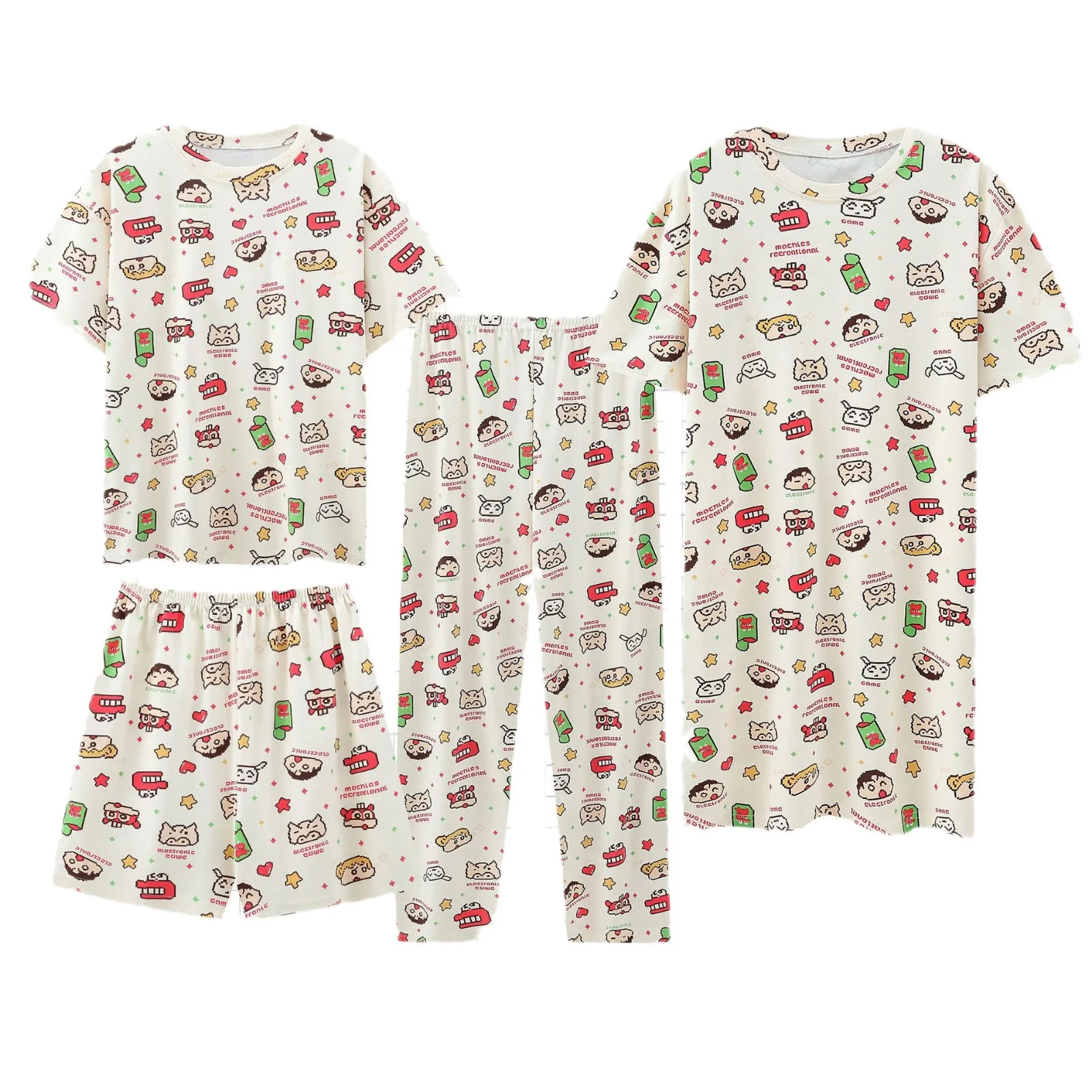 4 قطعة مجموعة بيجامة المرأة قصيرة الأكمام المحملة قصيرة فستان نوم طويل الربيع الصيف في الهواء الطلق المنزل ارتداء الفتيات طالب ثوب النوم مجموعة