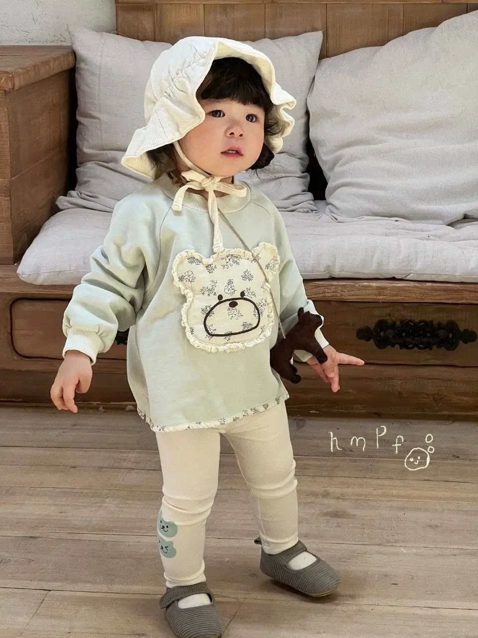 Baby Clothes Autumn Baby Floral Patch Bear Sweater Green Bear Leggings Cute Long Sleeve Outing Clothes Sweatershirt