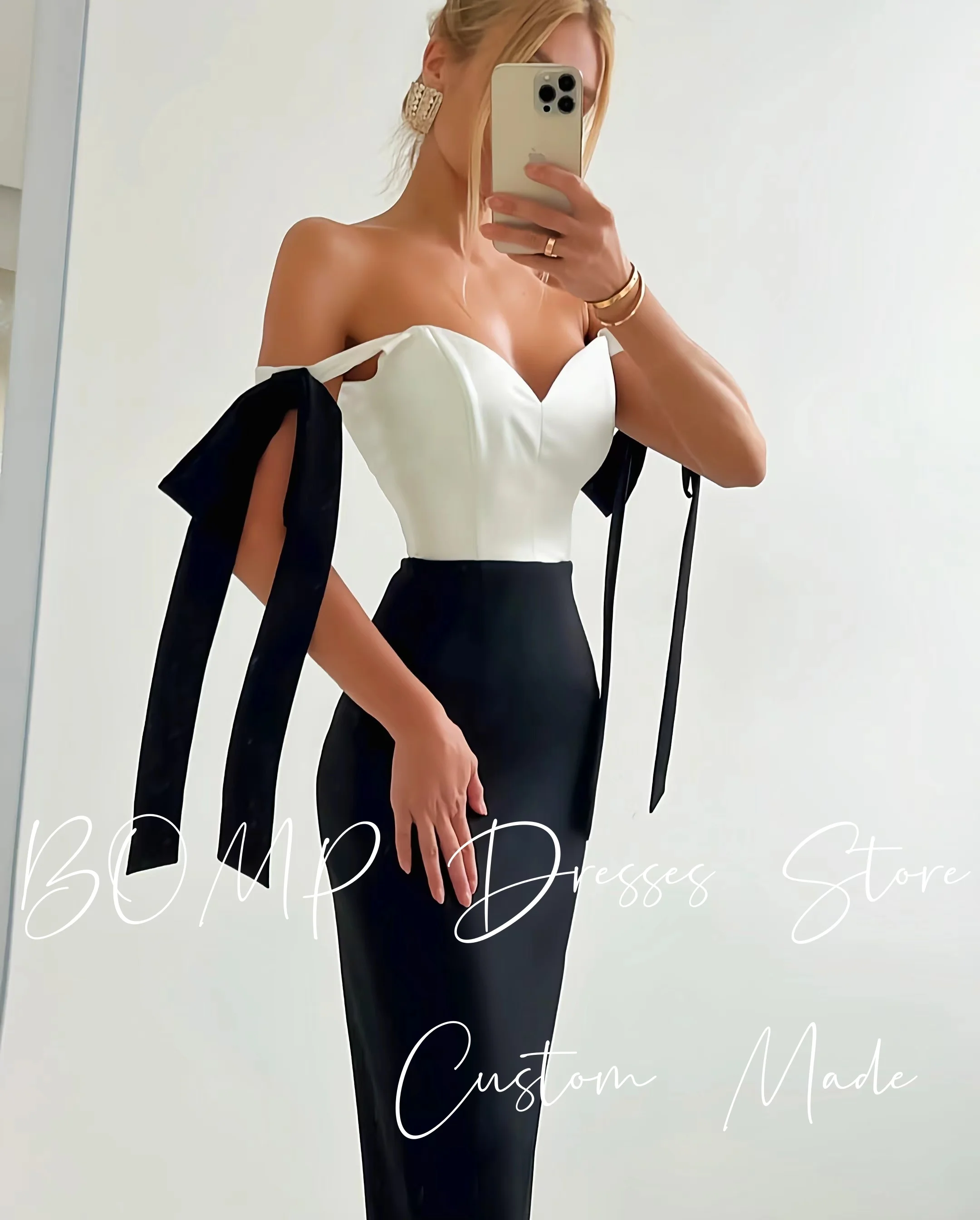 BOMP – robe de soirée moderne contrastée, avec nœud en cœur, bretelles Spaghetti, droite, longueur cheville, en Satin, robes de soirée formelles personnalisées