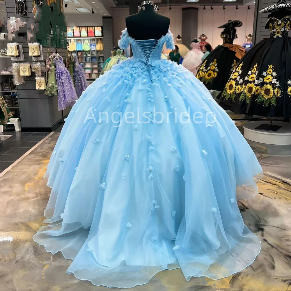 Angelsbride Princess Blue Ball Gown Quinceanera Dresses 3D Flora Sequined Off Shoulder Pleat Corset Vestidos De 15 Años