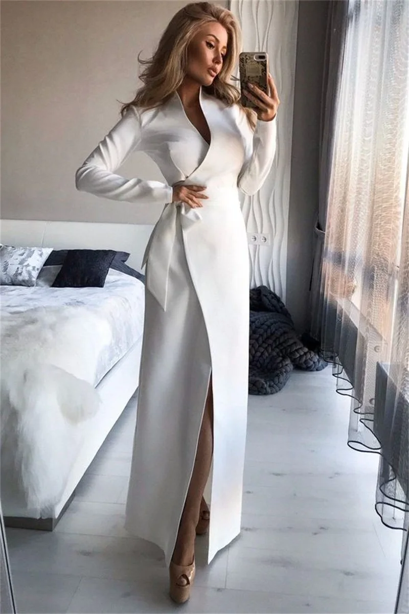 Designer Women Suit Long Blazer 1Pcs Trench Coat Jacket Wedding Prom Dress Lace Up Customized Sexy V Neck Ankle Length Outfit