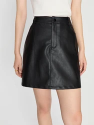 DUSHU Women PU Leather Skirts High Waist Black All-Match Mini Skirt Autumn New Curved Pocket Above-Knee Length Skirt 24DS83327