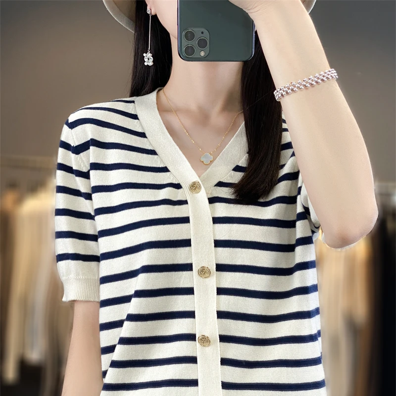 Summer New 100% Cotton Women's Loose Sweater T-shirt Knitted V-neck Striped Pullover Casual Fashion Versatile Women's Top