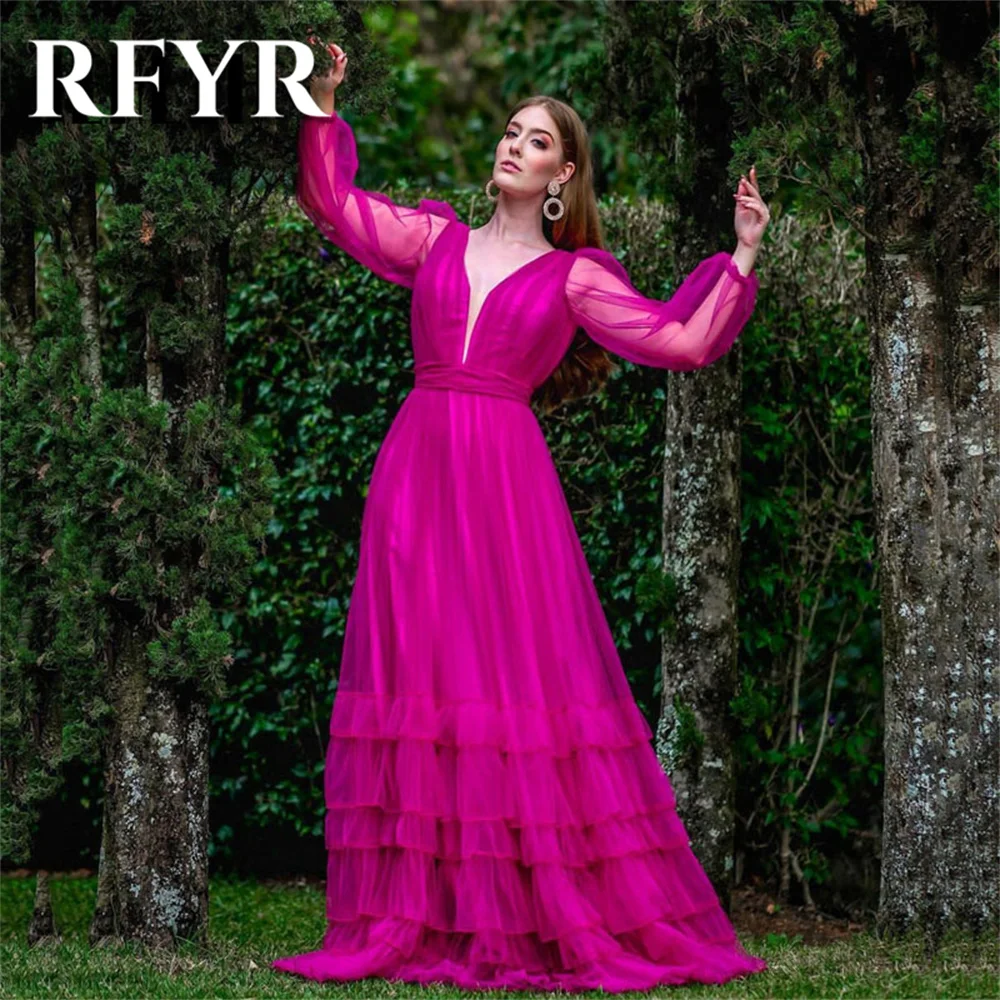 RFYR Fuchsia Prom Dress Vintage Deep V-Neck A-Line Evening Dress 2024 Long Sleeve Layered Tulle Party Dress Sexy Open Back 프롬드레스