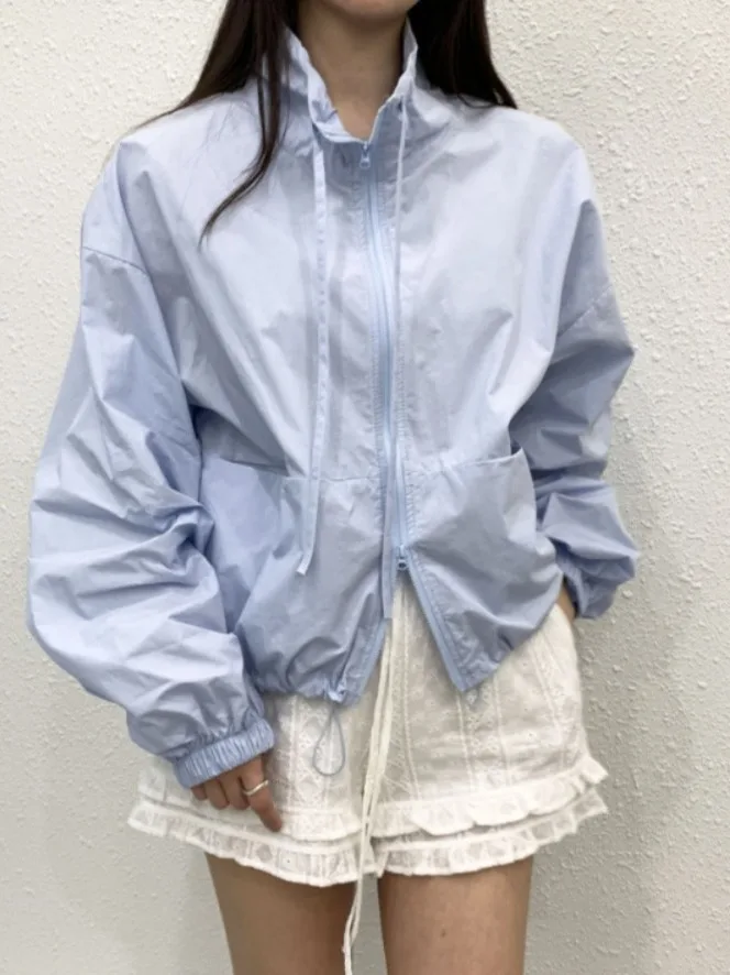 

Korean Sle Versatile Air Conditioning irt Women's Blue Top Early Autumn Loose ort Stand Collar Sun Protection Jaet