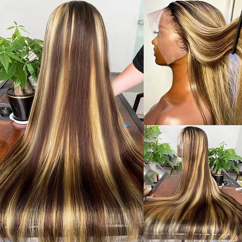 30 Zoll Ombre Lace Front Perücke aus Echthaar, 4/27 gefärbt, 13x6 HD glattes Highlight-Perücke aus Echthaar, 220% Dichte, Honigblonde Lace Frontal Perücken für Frauen, kleberlos, vorgezupft mit Baby