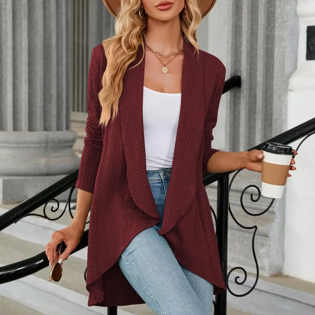 

Women Fall Spring Cardigan Loose Open Stitch Lapel Knitted Sweater Coat Striped Elastic Mid Length Lady Cardigan Sweater