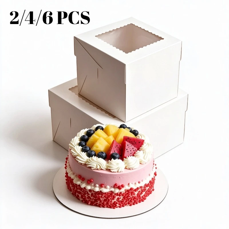 2/4/6PCS Foldable White Pastry Boxes with Clear Window Disposable Cookie Cake Container Bakery Storage Box for Birthday Wedding