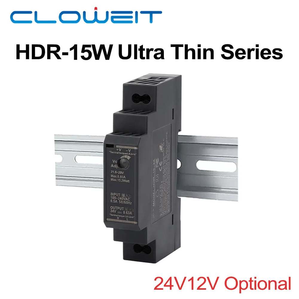 Cloweit DIN Rail Switching Power Supply SMPS 100-240VAC 140-340VDC HDR-15W Voltage12V 24V Current 0-7.1A